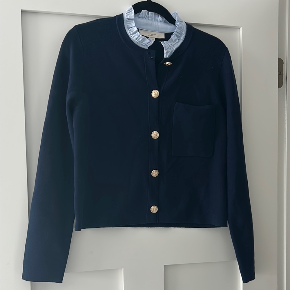LOFT Women's Navy Sweater Jacket with Gold Buttons